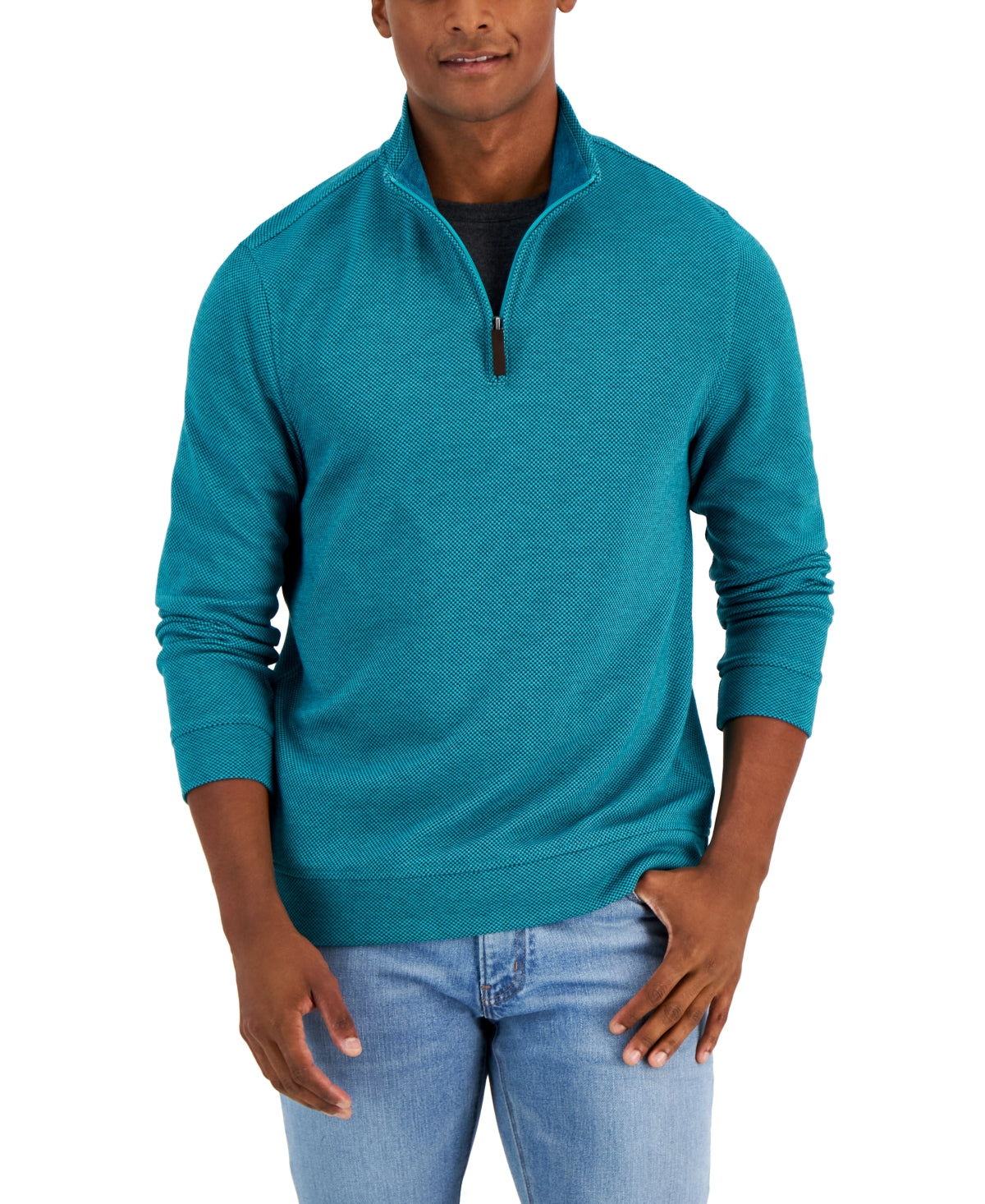 Club Room Men's Birdseye Quarter zip Pullover Sweater Turq/Aqua Xl