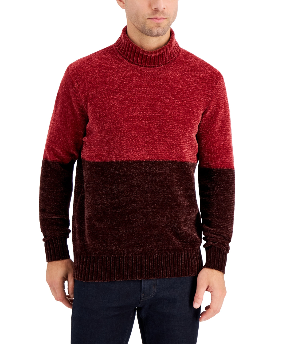 Alfani Equator Mens Chenille Colorblock Turtleneck Sweater Large Red