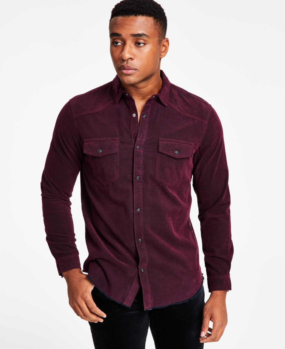 INC International Concepts Men's Jonny Regularfit Corduroy Western Shirt  Port Wine Medium