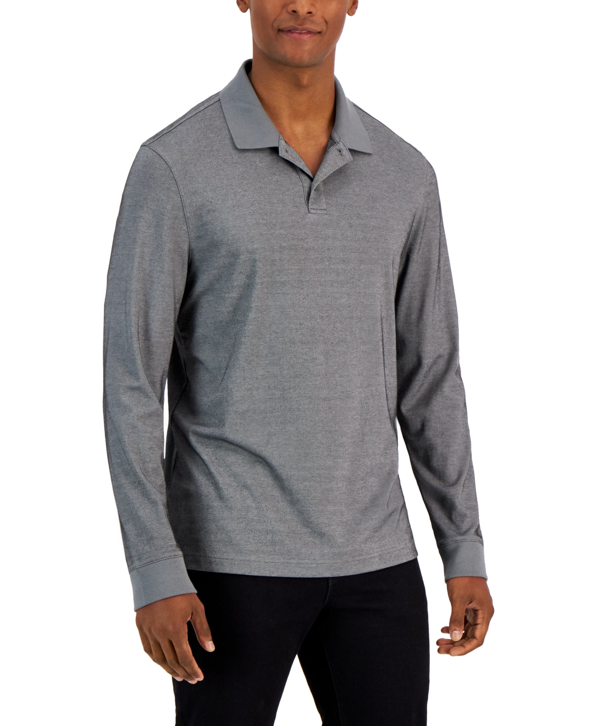 Alfani Men's Regular Fit Solid Long Sleeve Supima Polo Shirt Grey Small