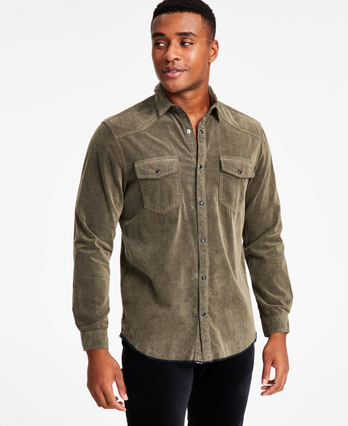 INC International Concepts Men's Jonny Regularfit Corduroy Western Shirt Green Tea Leaf Small