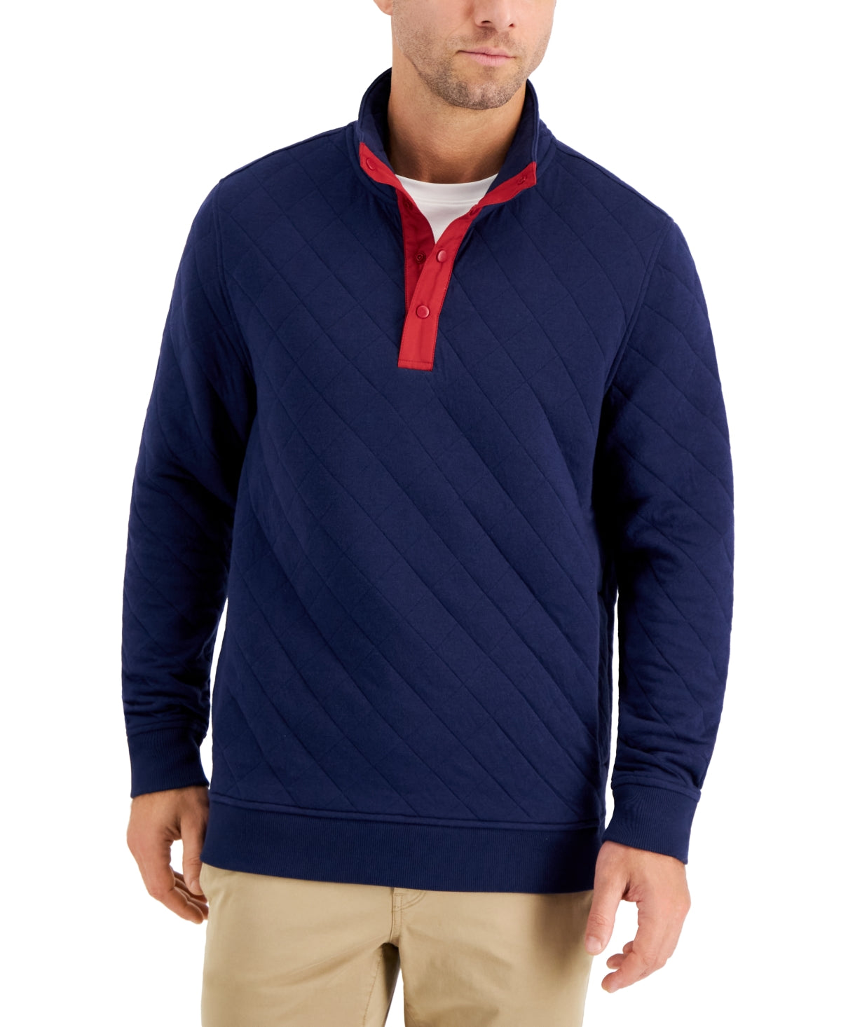 Club Room Mens Quilted Jacket Sweatshirt Quarter Zip Navy Blue Medium