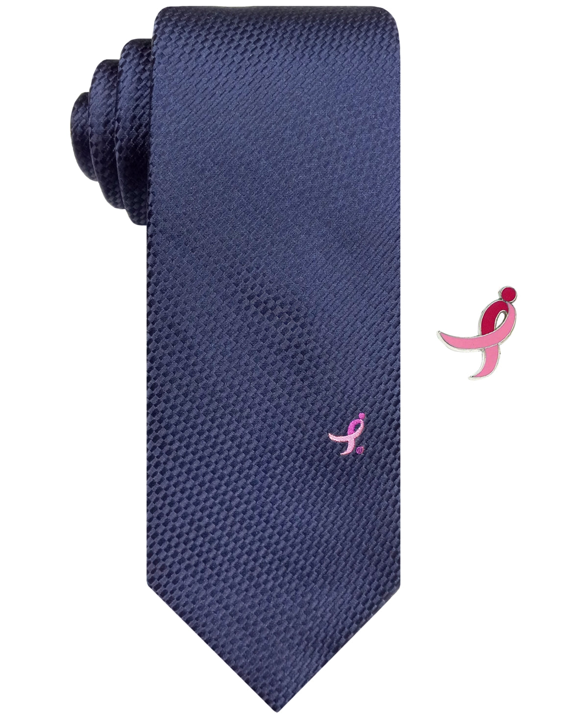 Susan G Komen Men's Slim Tonal Check Tie With Lapel Pin  Navy  58 IN