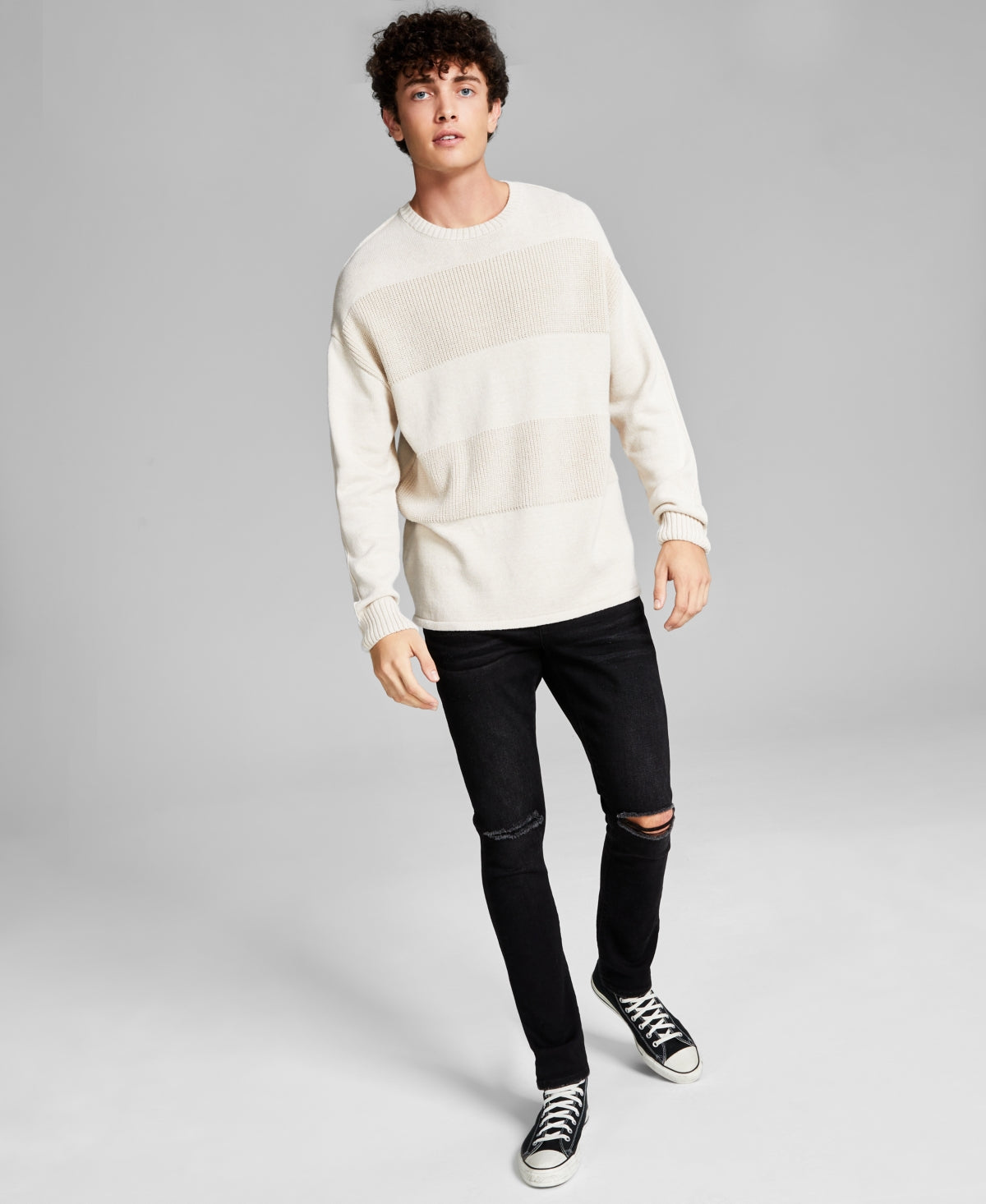 And Now This Men's Textured Stripe Sweater Large Cream Beige Tan