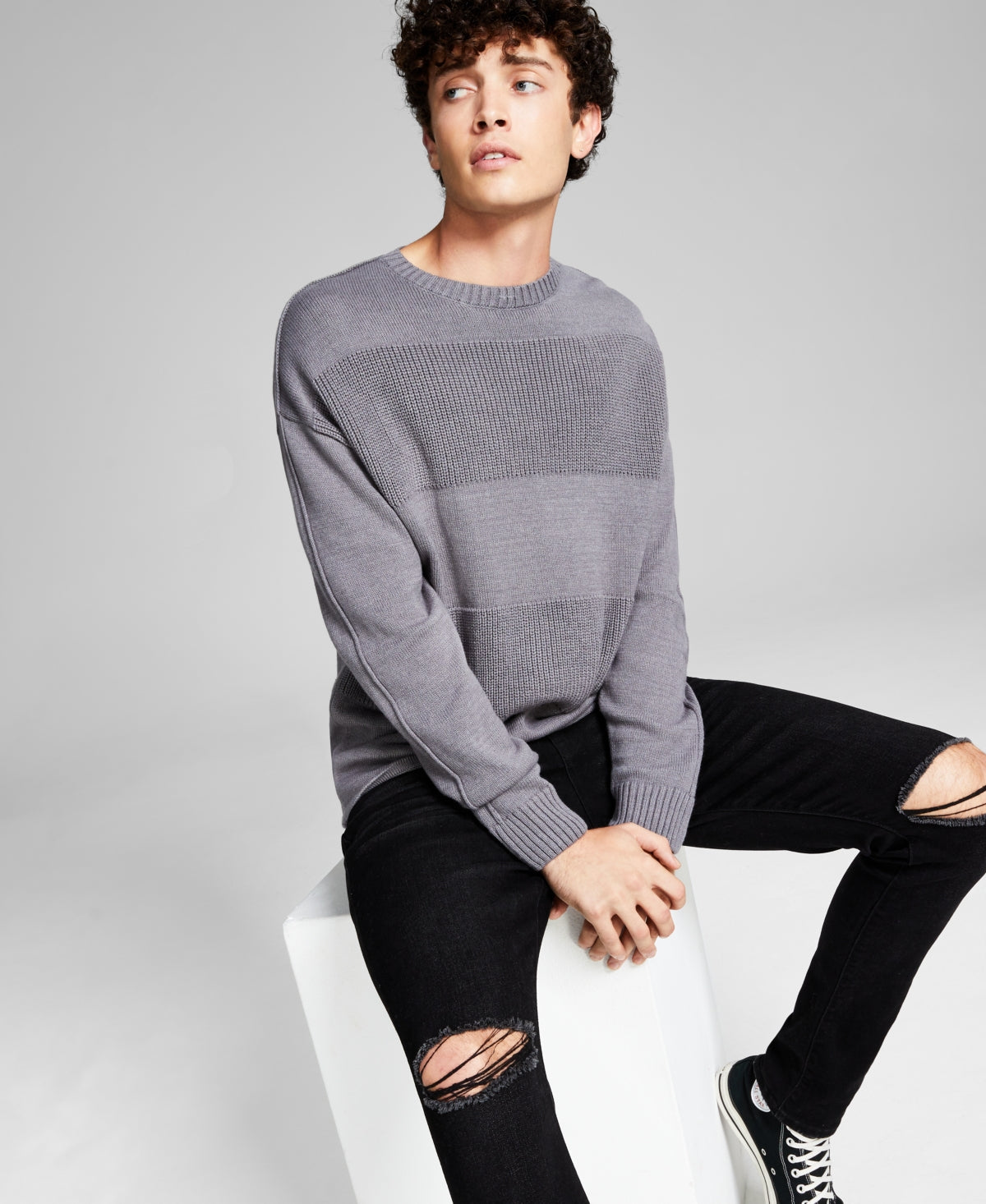 And Now This Men's Mixed Media Pullover Crewneck Sweater Gray XXL