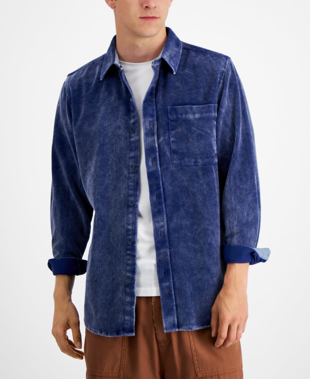 Sun  Stone Men's Corduroy Button Down Shirt  Blue XL