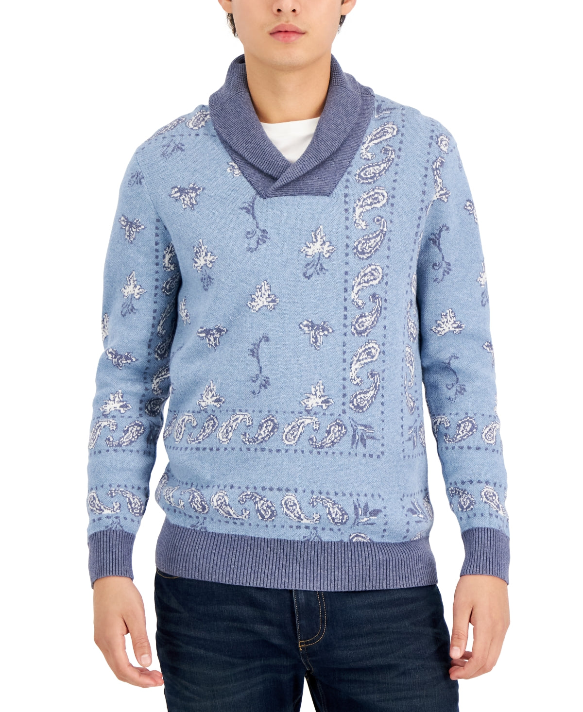 Sun + Stone Men's Bandana Jacquard Shawl Neck Sweater Spring  Blue Large
