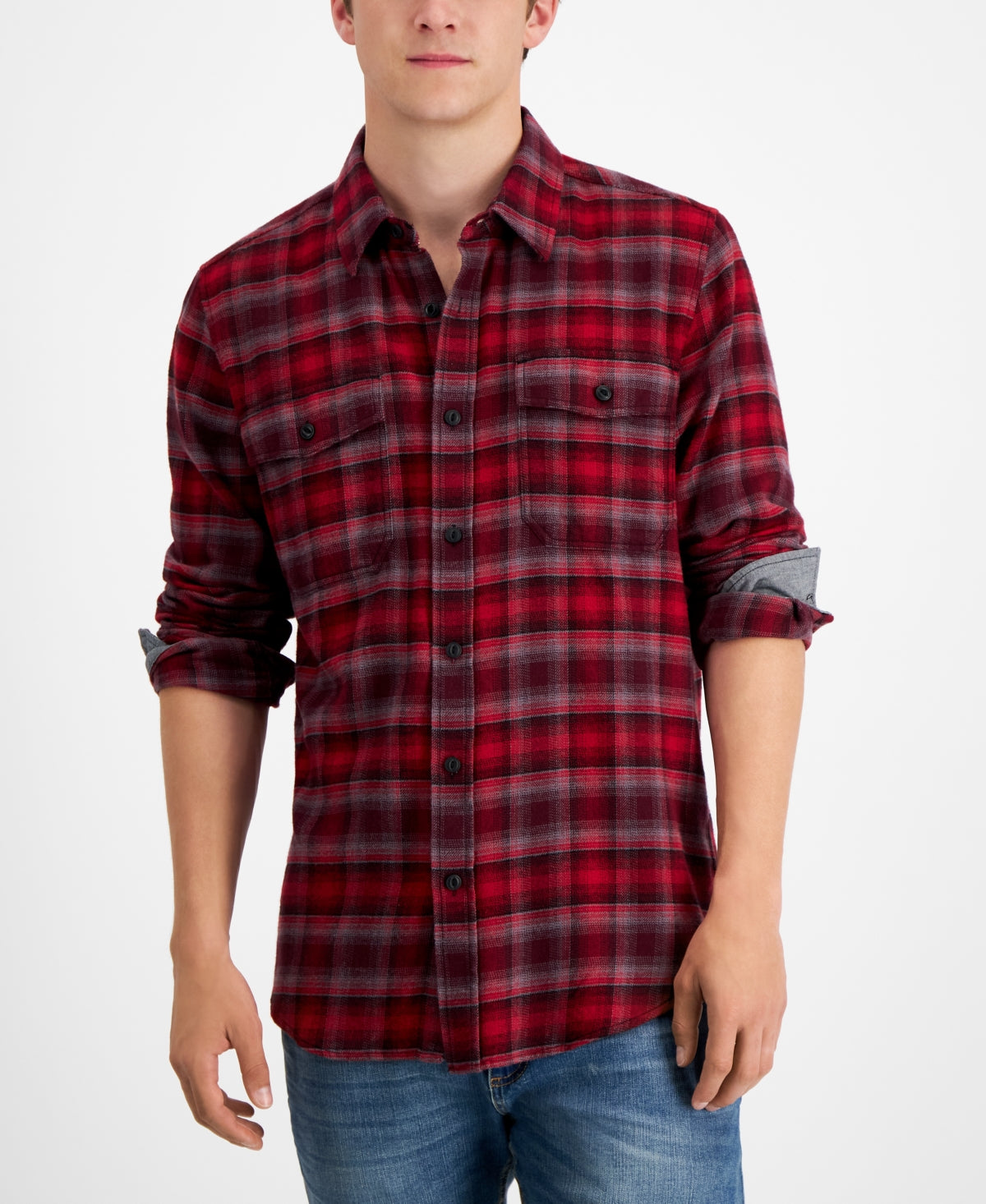 Sun + Stone Men's Plaid Flannel Button Down Shirt Dark Scarlet Red Medium