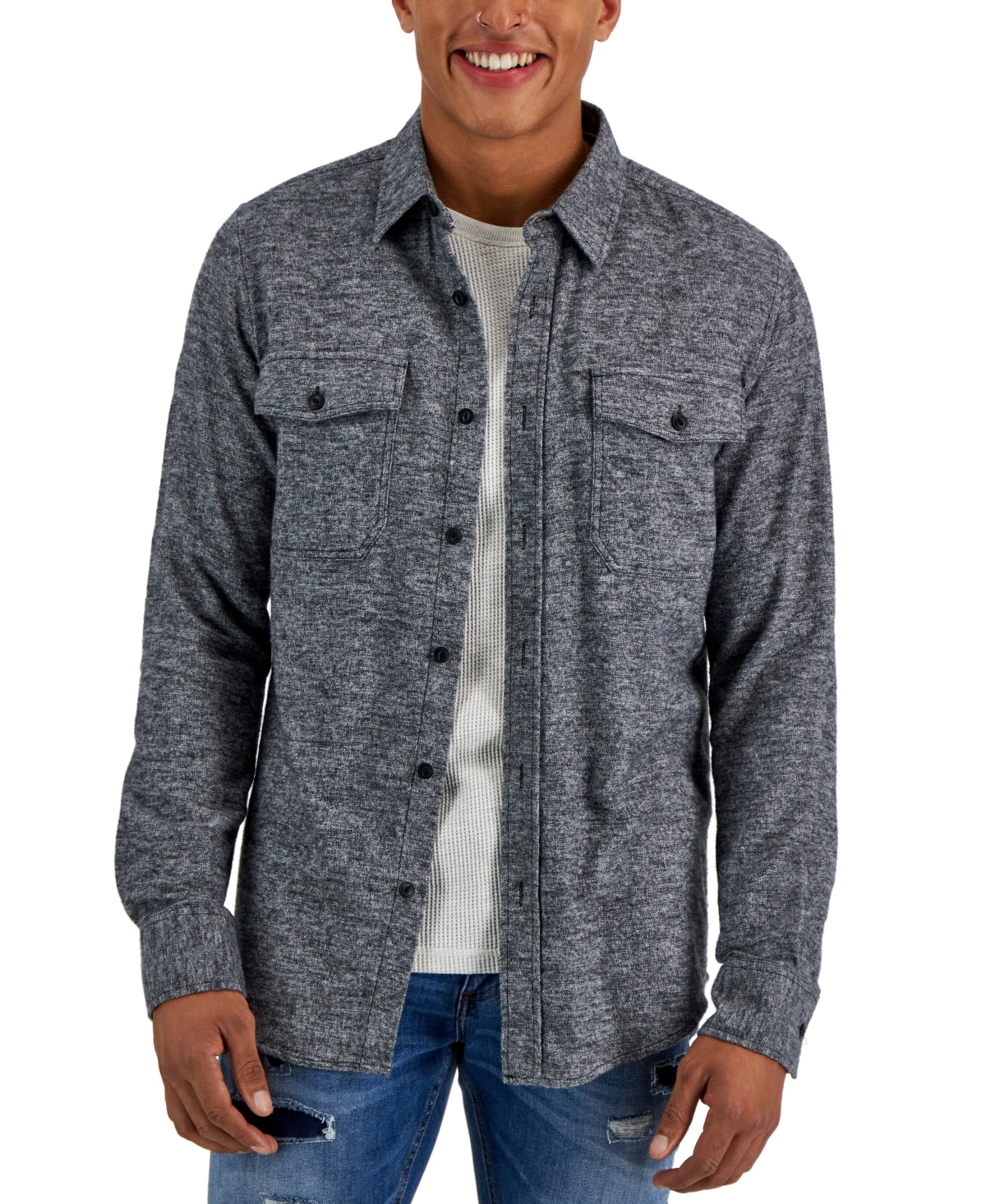 Sun + Stone Men's Grindle Flannel Button Down Shirt Black Medium