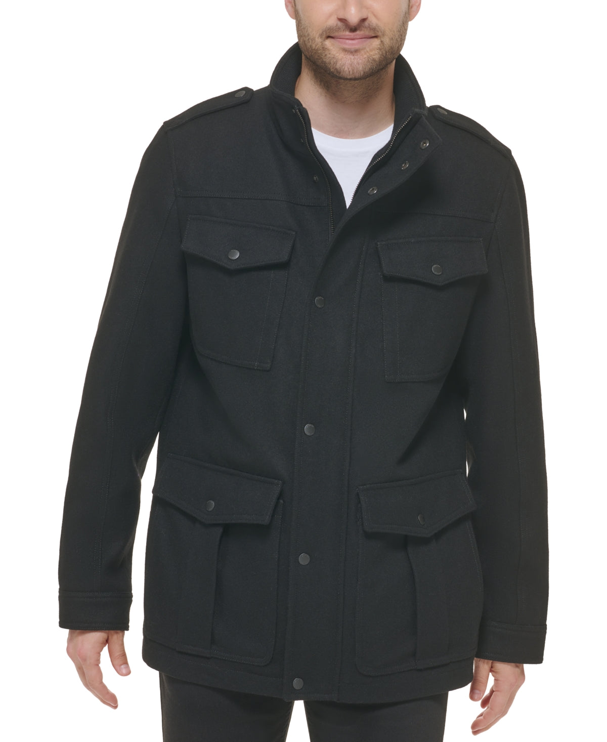 Guess Men's Duel Snap and Zippered Military Coat Black Small