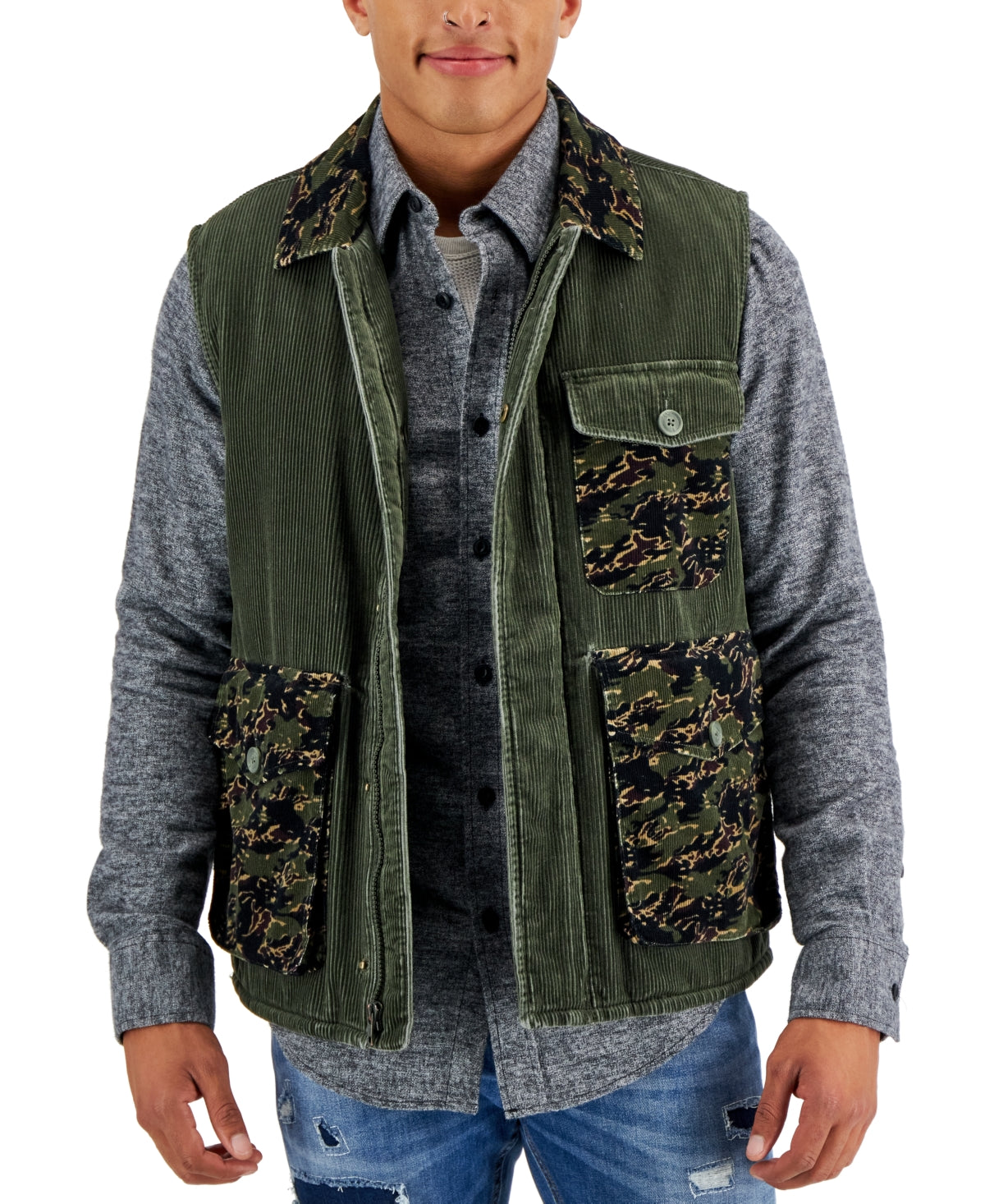 Sun + Stone Mens Corduroy Puffer Vest Dark Green XL