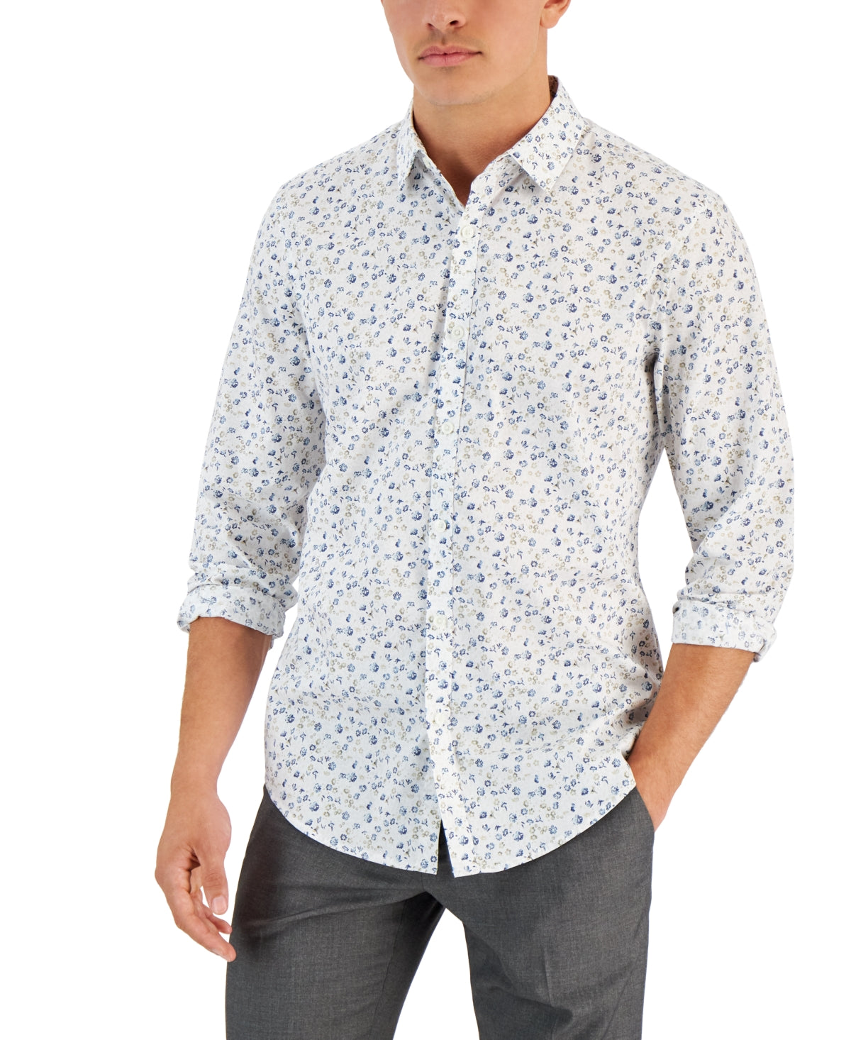 Alfani Men's Georgie Floral Print Button Down Shirt White Large