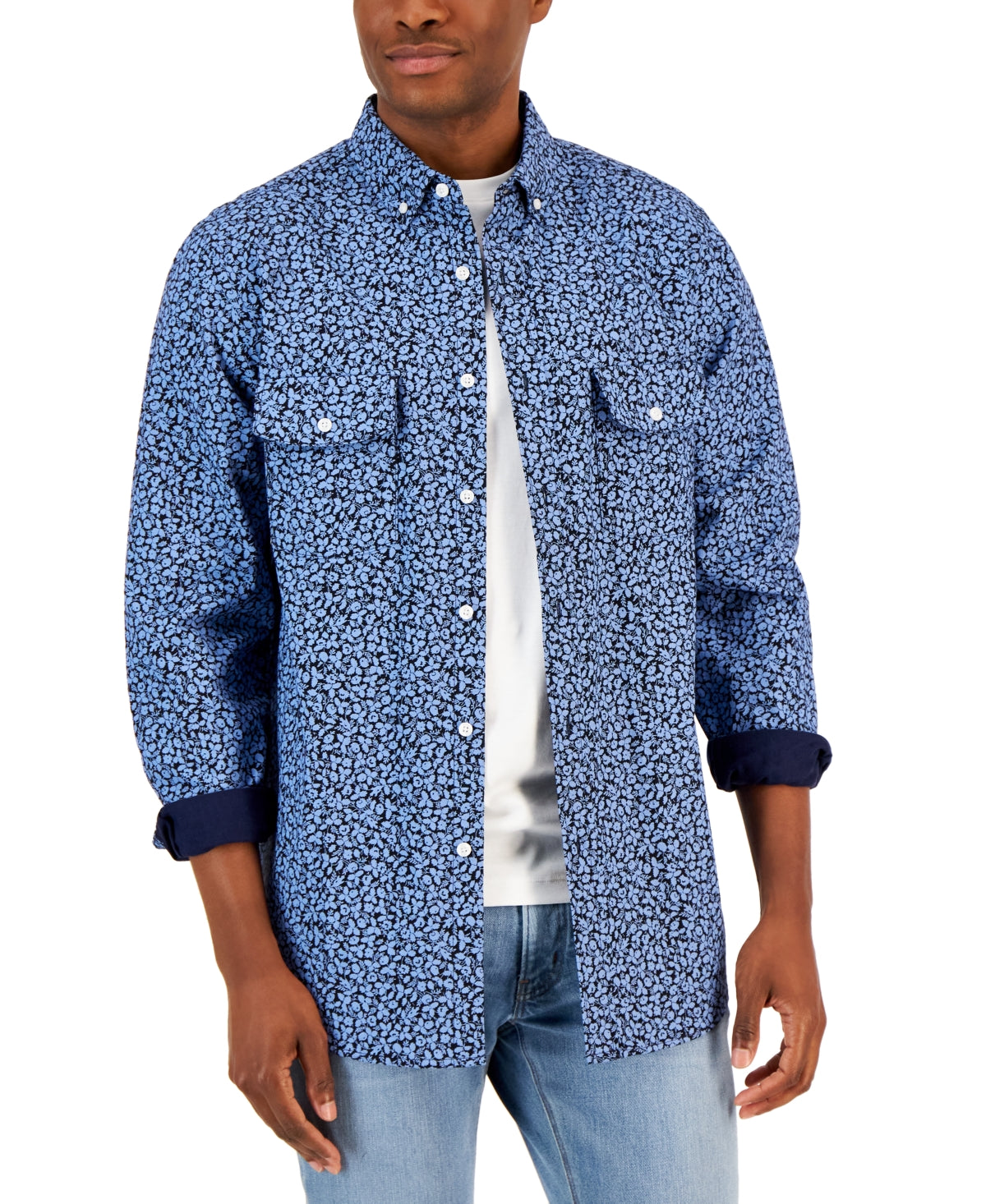 Club Room Men's Simple Floral Double Faced Shirt Blue Small
