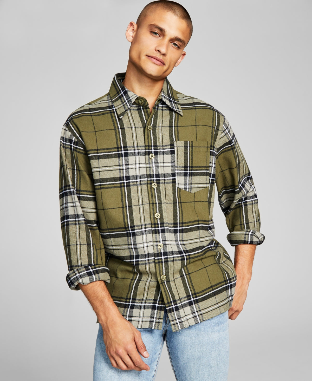 And Now This Mens Flannel Plaid Button down Shirt Green Small