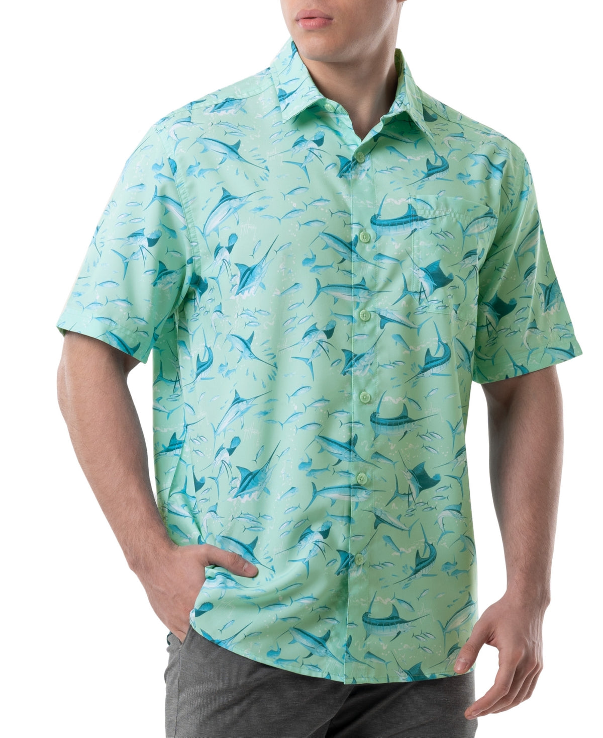 Guy Harvey Men's Tonal Bills Short Sleeve Button Down Shirt Green Blue Small