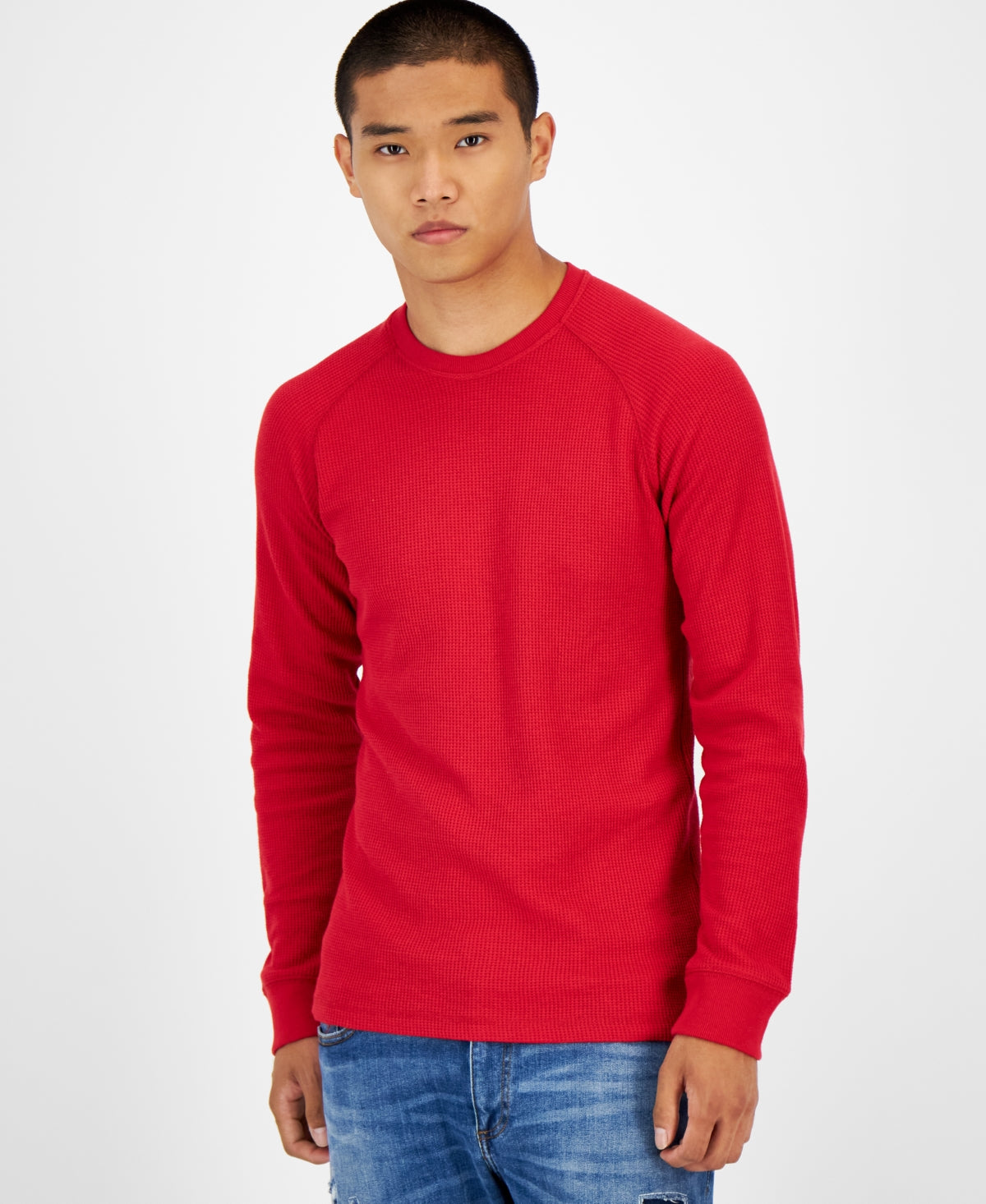 Sun + Stone Men's Thermal Waffle knit Shirt Red Poinsettia Medium