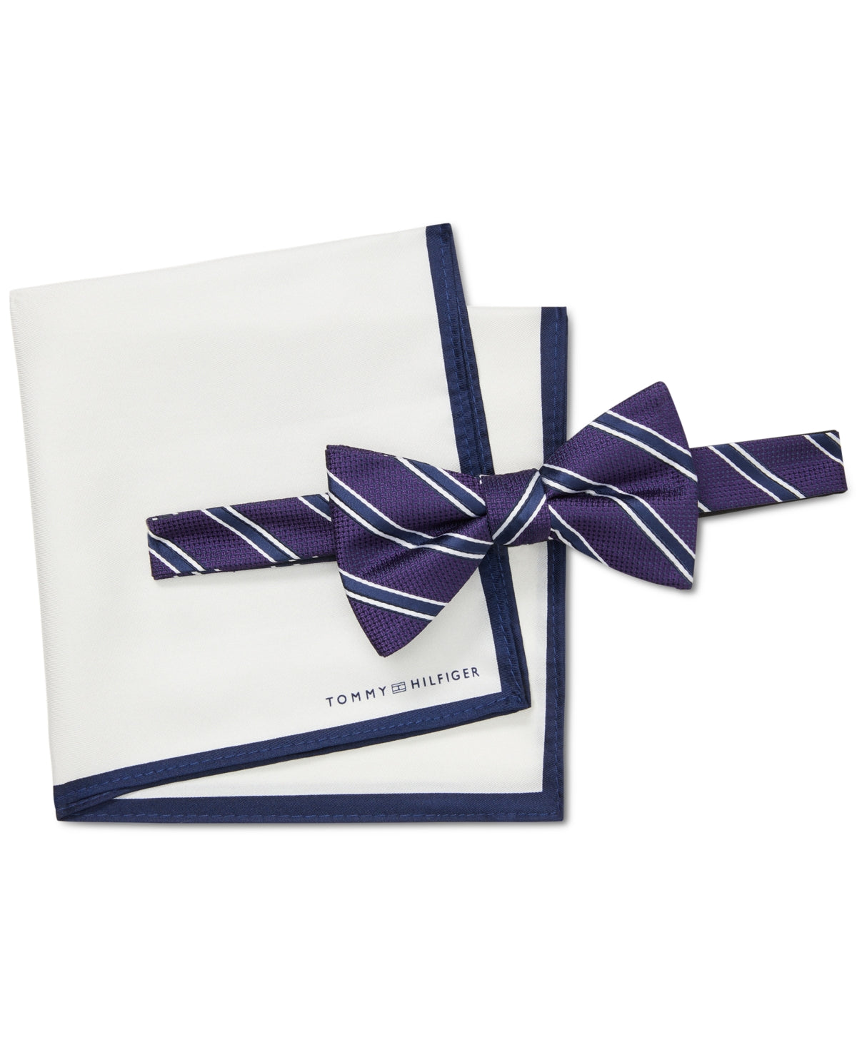 Tommy Hilfiger Men's 2 Piece Striped Bow Tie Necktie Pocket Square Set Purple