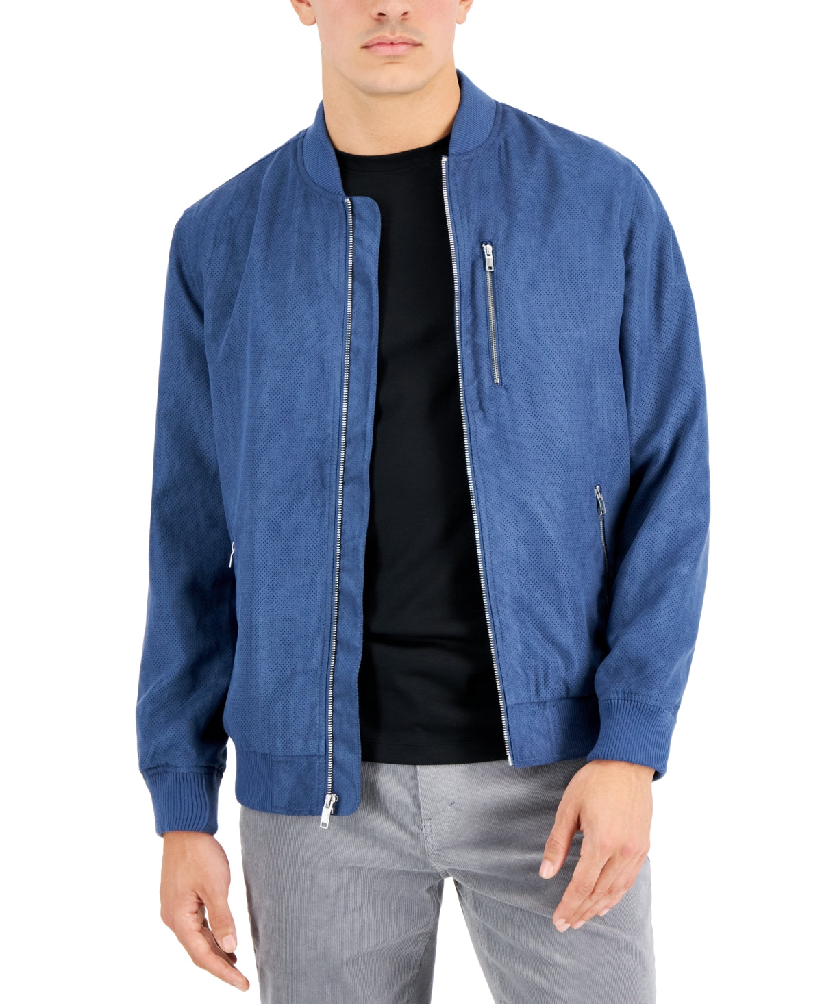 Alfani Mens Faux Suede Perforated Bomber Jacket Coat Blue XL