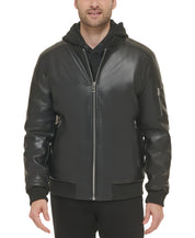 Calvin Klein Men's Faux Leather Bomber Jacket with Rib Knit Trim Black Medium