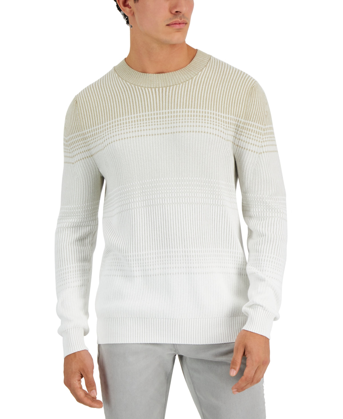Alfani Mens Ombre Stripe Crewneck Sweater Beige Khaki Large
