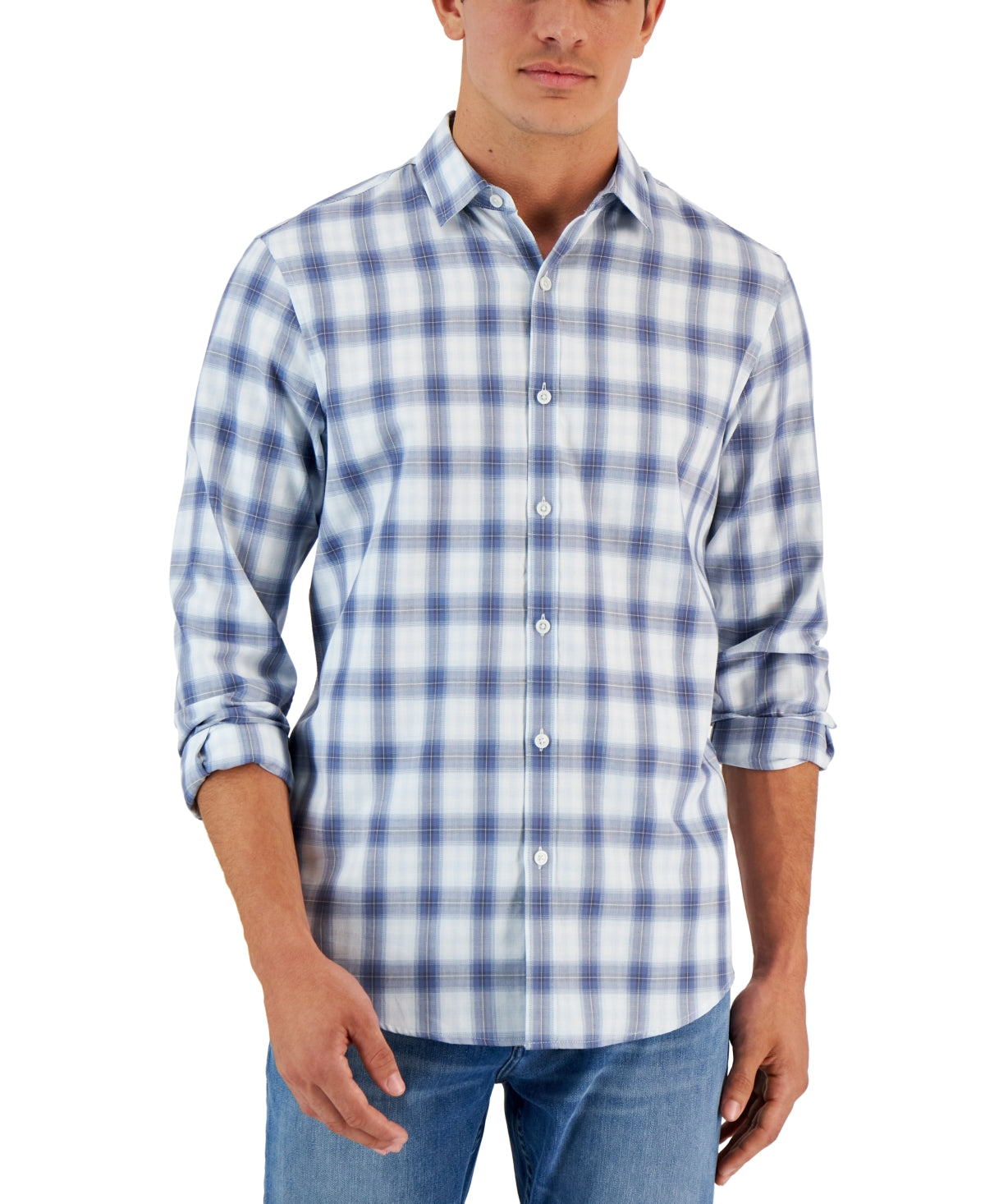 Alfani Men's Droa Plaid Button Down Shirt Blue Plaid Medium