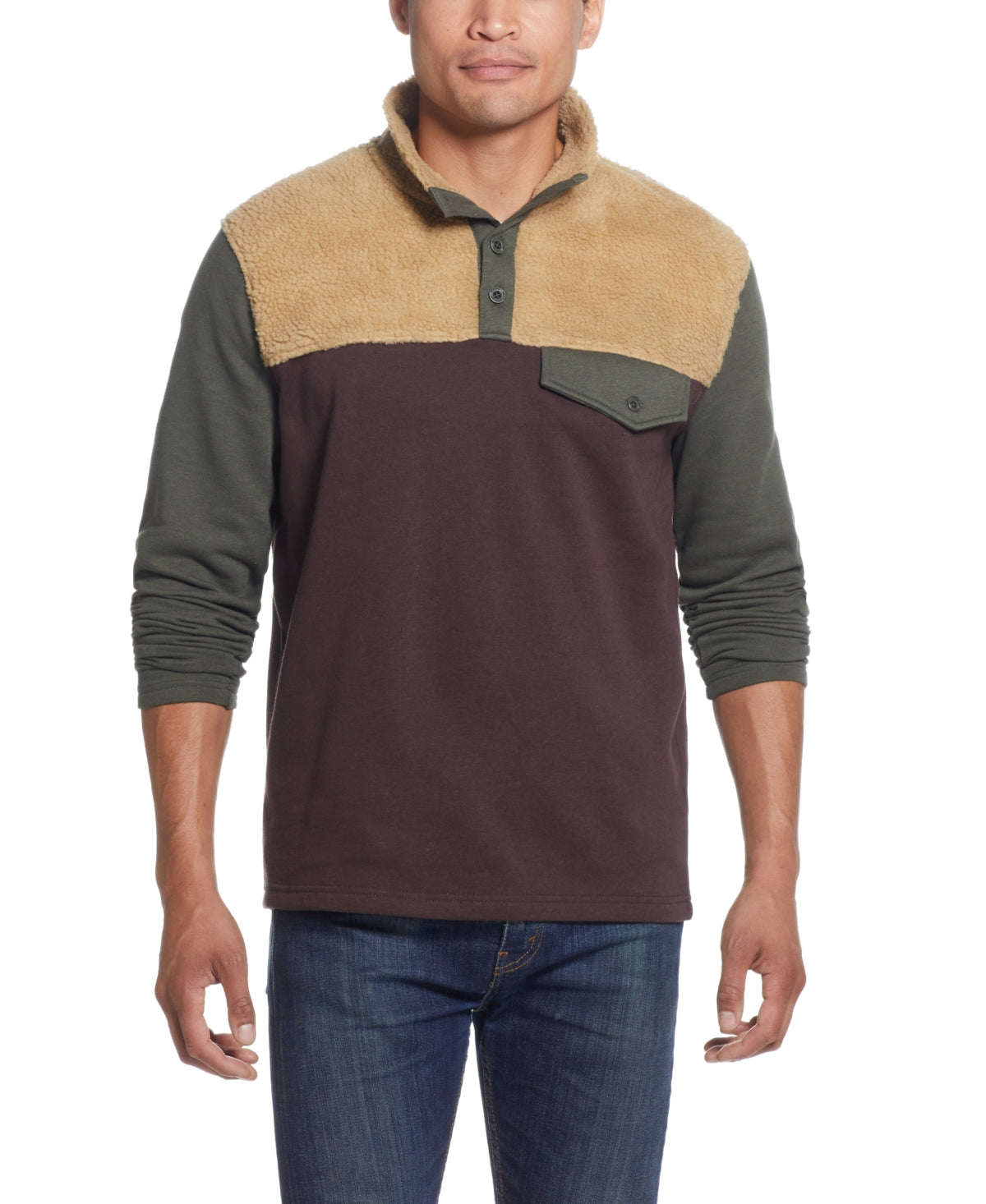 Weatherproof Vintage Men's Knit Sherpa Mixed Pullover Sweater Brown Large