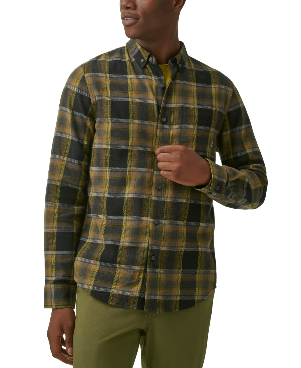 Bass Outdoor Men's Expedition Flannel Button Down Shirt Green Yellow Large