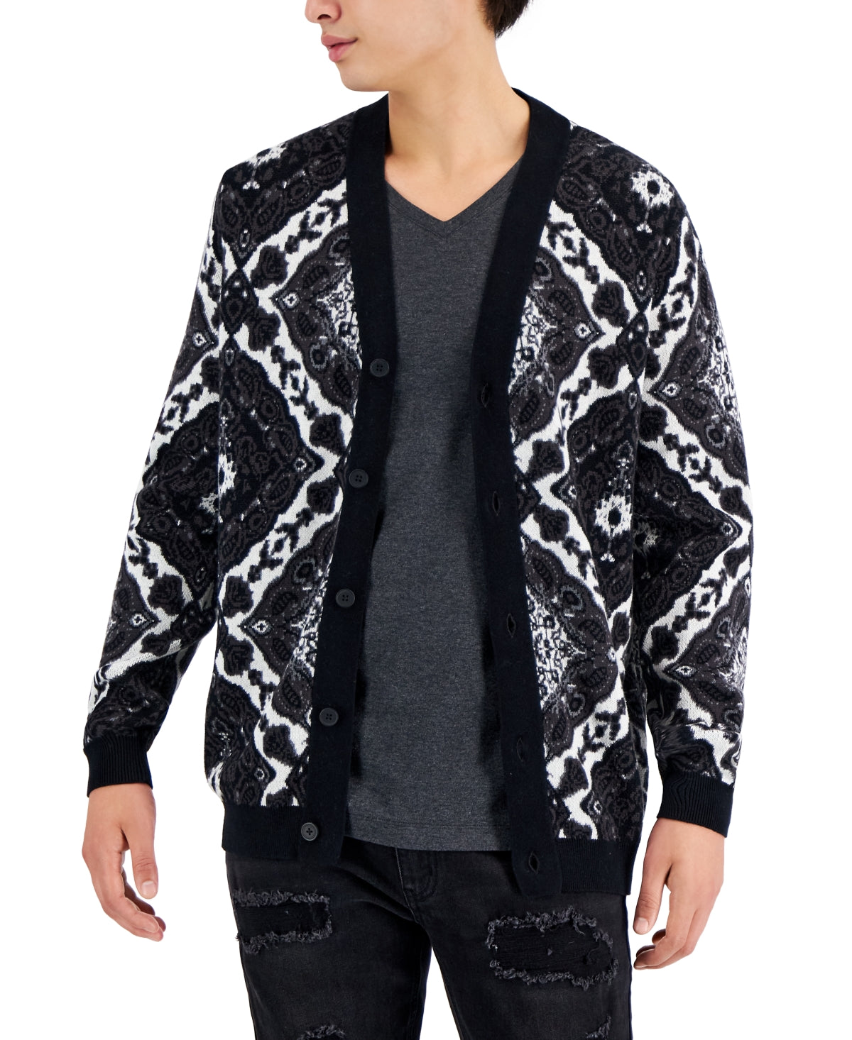 I.N.C. International Concepts Mens Dio Tapestry Cardigan Deep Black XL