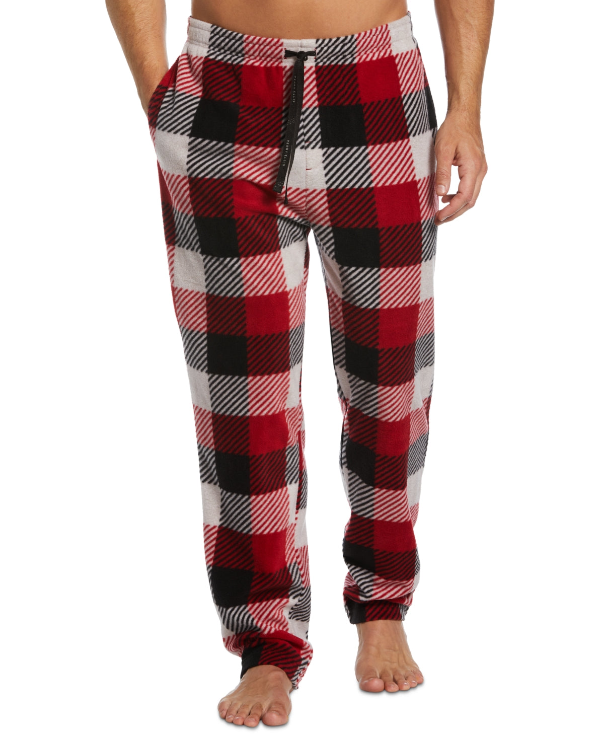 Perry Ellis Portfolio Men's Buffalo Plaid Fleece Pajama Pants Dark Red Medium