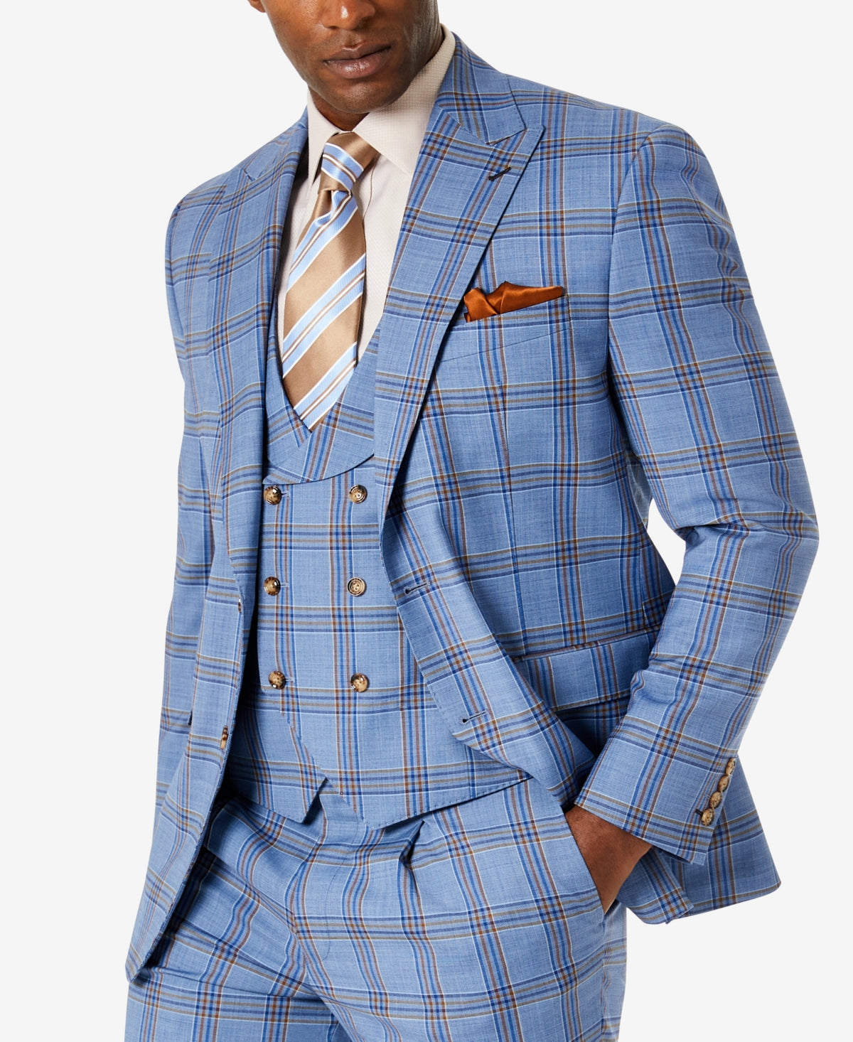 Tayion Classic Fit Wool Blend Blue Glen Plaid Suit Jacket 44L
