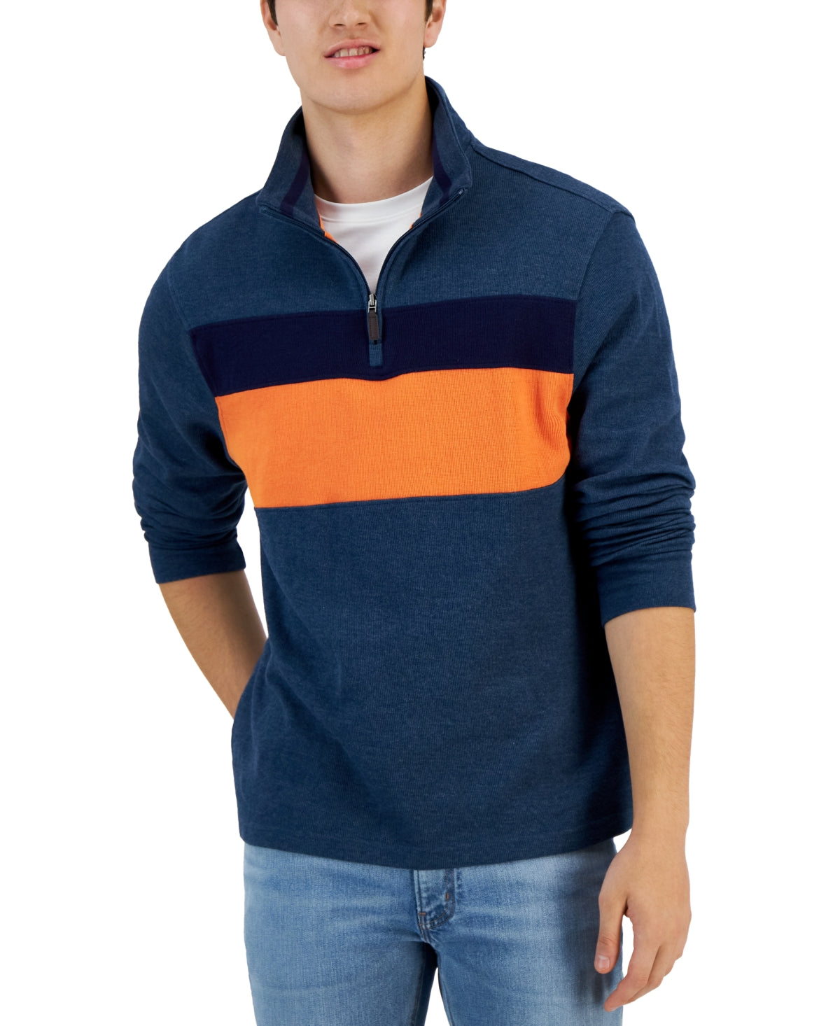 Club Room Mens Colorblock Zip Neck Pullover Sweater Dark Blue Large