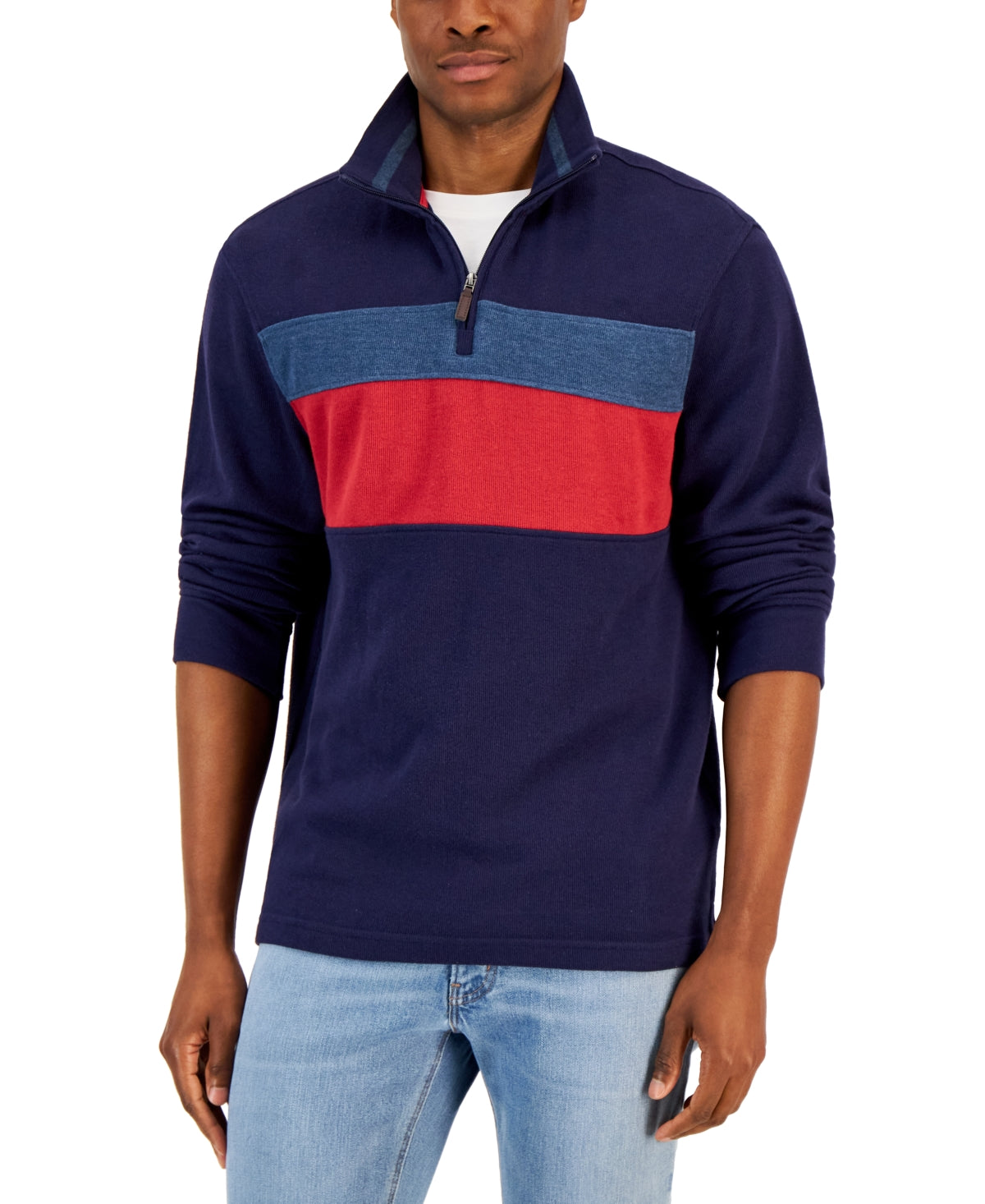 Club Room Men's Quarter Zip Sweater Navy Blue French Rib Colorblock Shirt M