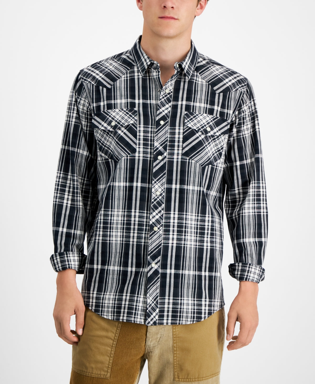 Sun + Stone Men's Remington Plaid Western Shirt Grey Dark Lead  Xxl