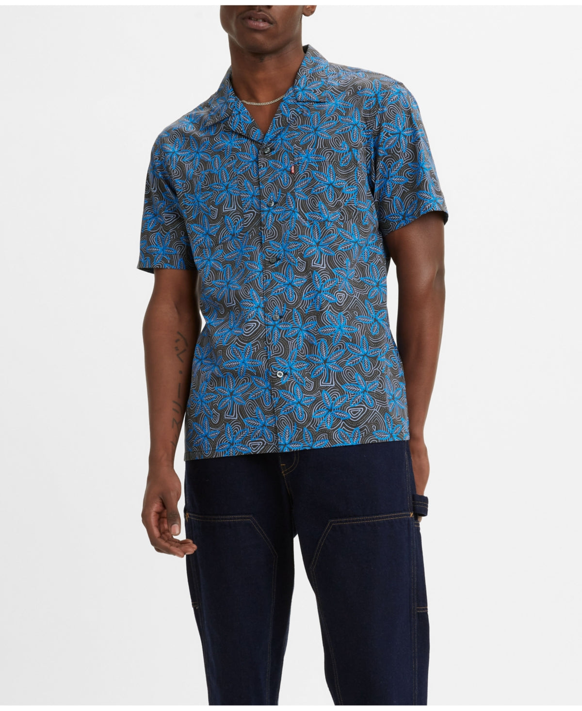 Levis Mens Short Sleeve Classic Camp Button Down Shirt Blue Black Small