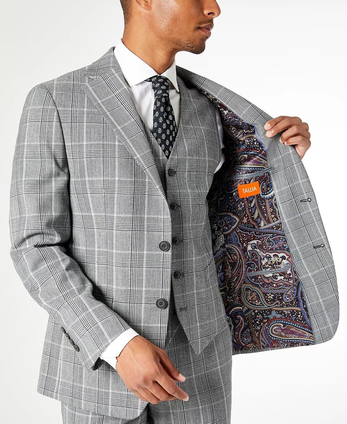 TALLIA Men's Slim-Fit Plaid Suit Jacket Black 38S White Plaid