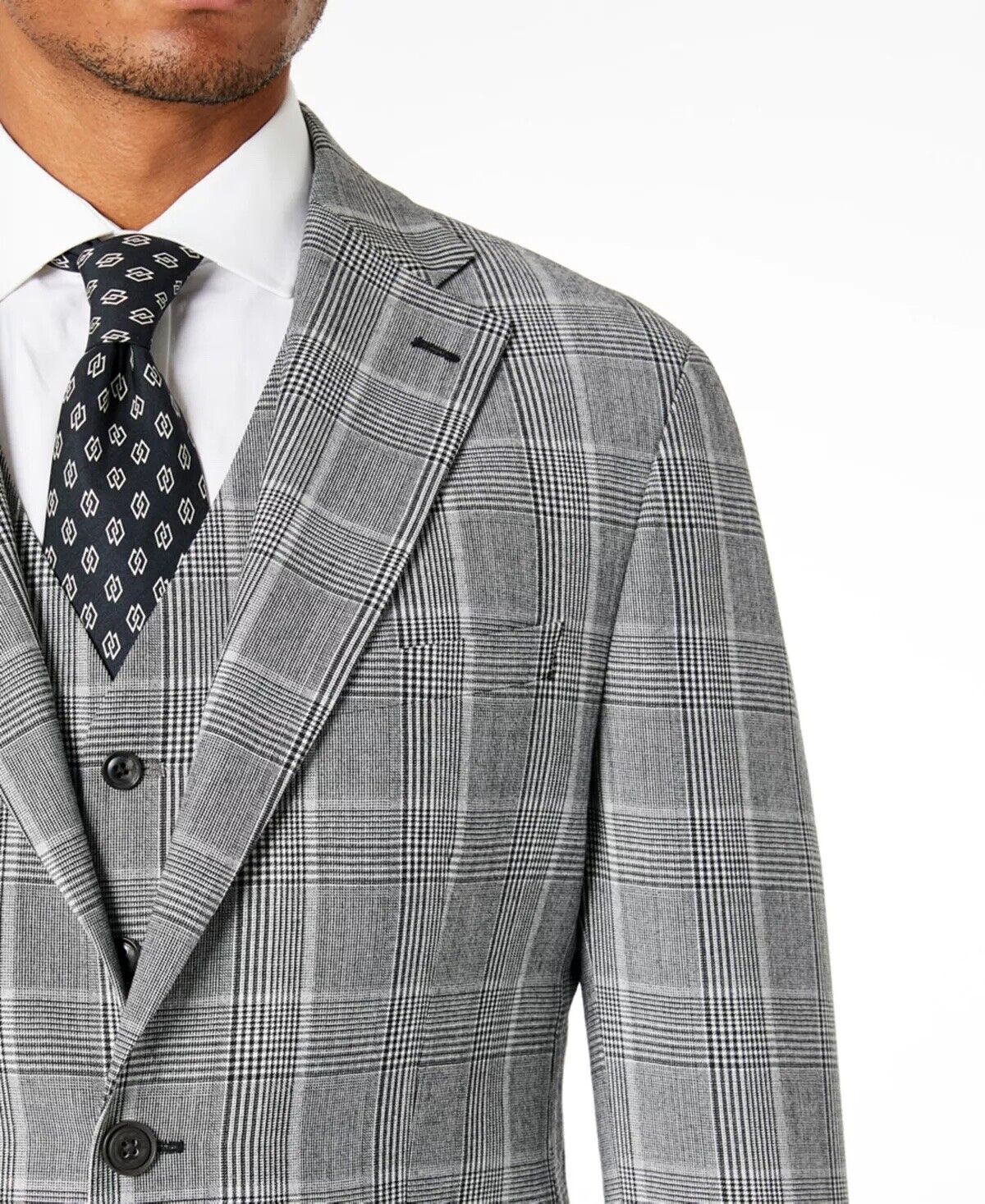 TALLIA Men's Slim-Fit Plaid Suit Jacket Black 38S White Plaid