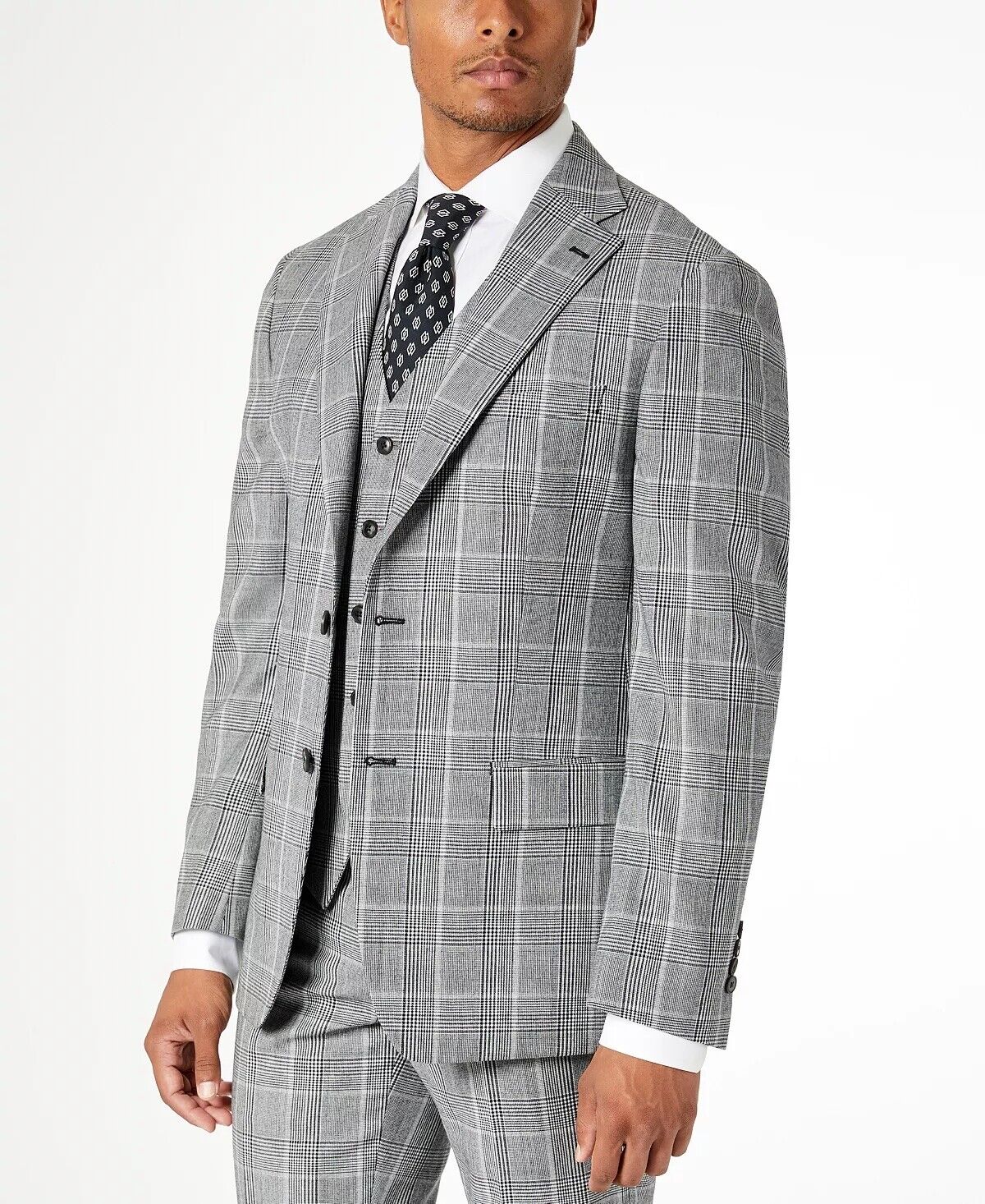 TALLIA Men's Slim-Fit Plaid Suit Jacket Black 38S White Plaid