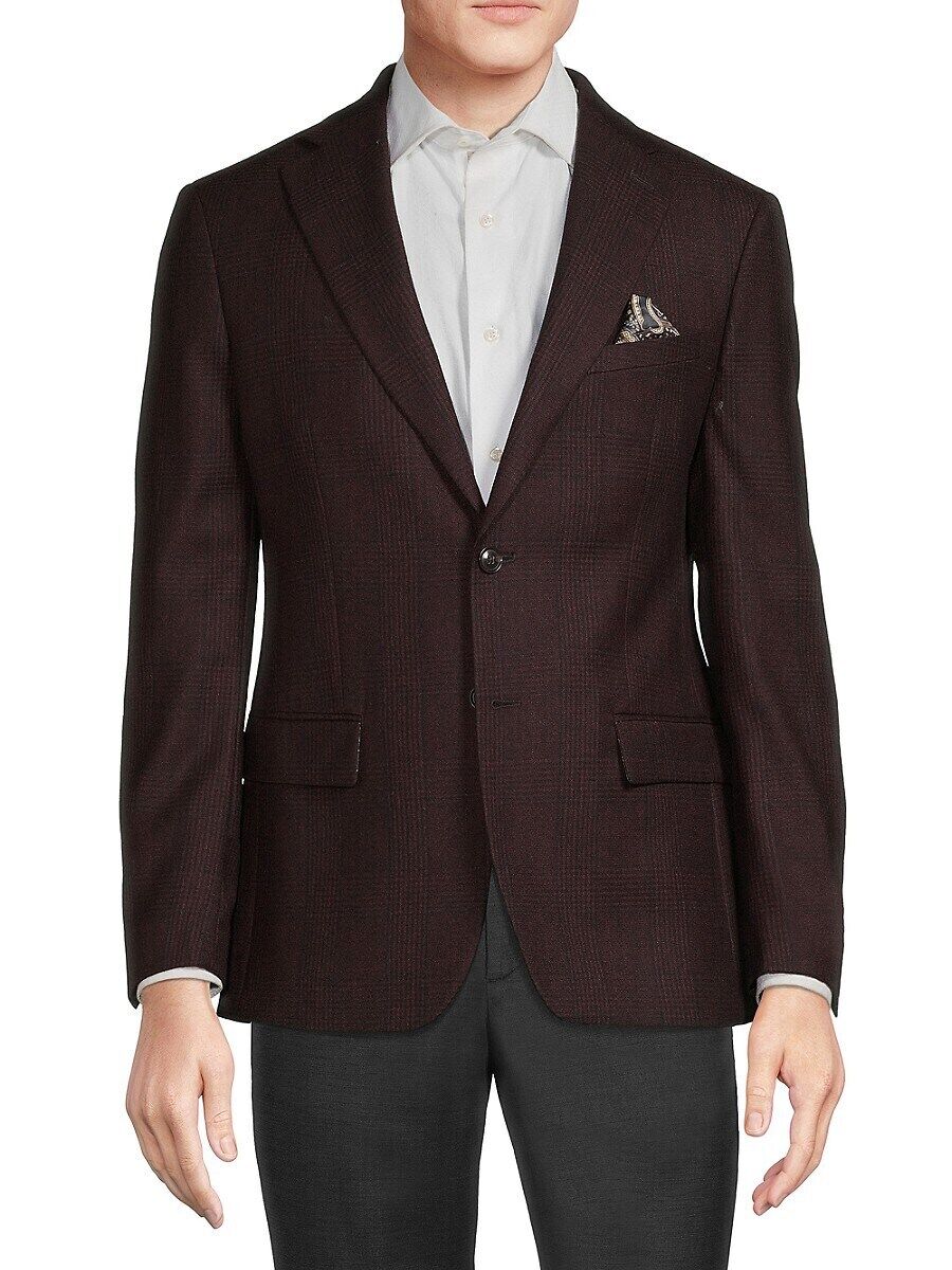 Tallia Mens Slim fit Sport Coat Blazer 44 R Burgundy Red Plaid Stretch