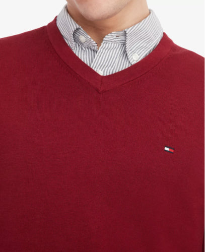 Tommy Hilfiger Men's Signature Solid V-Neck Sweater Rouge Red 2XL