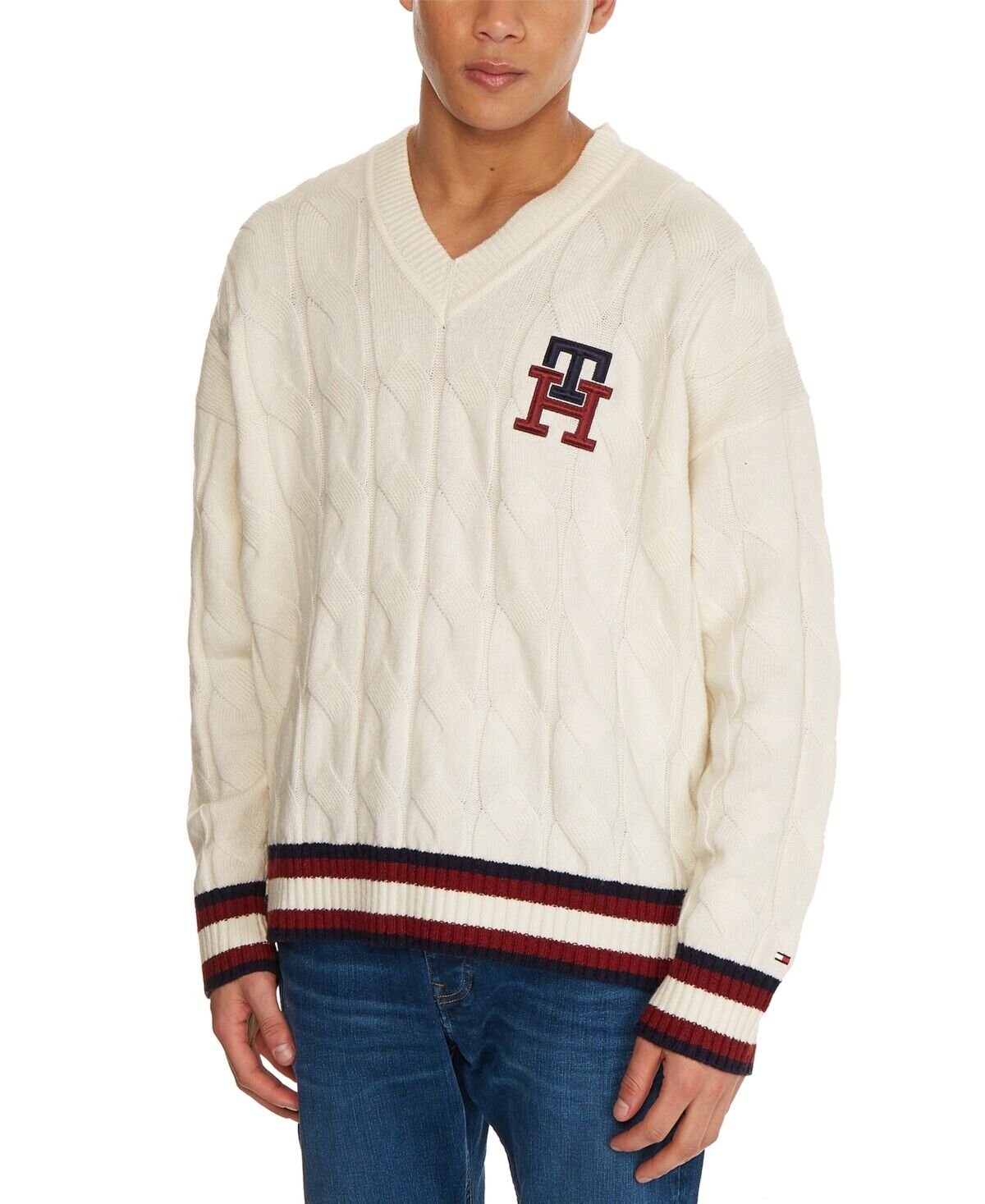 Tommy Hilfiger Mens Monogram Ivory Pullover V-Neck Sweater Large