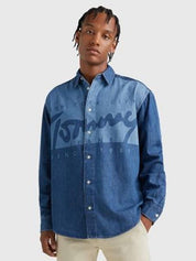 Tommy Hilfiger Tommy Jeans Mens Lasered Wide Denim Button Down Shirt Medium