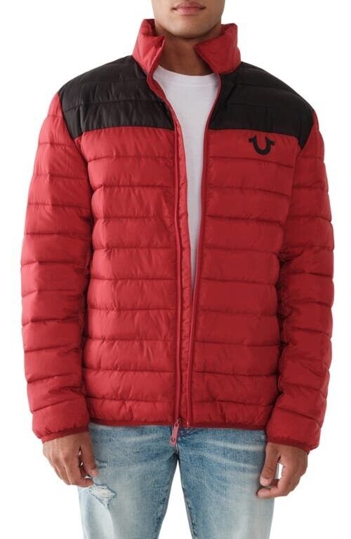 True Religion Mens Light Puffer Jacket XL Red Dahlia Black