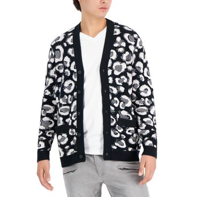 INC International Concepts Men's Crosby Cheetah Cardigan  Deep Black  Size Large