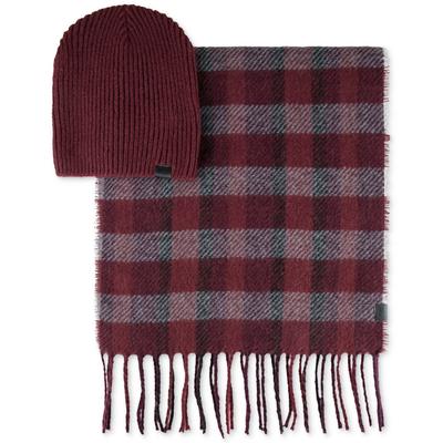Kenneth Cole Reaction Men's 2 Piece Plaid Scarf Solid Rib Knit Beanie Set Red