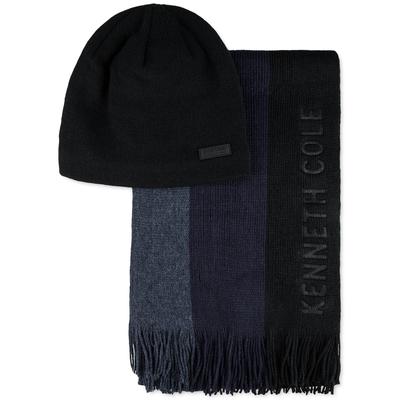 Kenneth Cole Reaction Mens Stripe Logo Scarf Beanie Hat Set Blue Black One Size