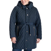 Michael Kors Women's Plus Size Hooded Belted Quilted Coat 2X Navy Blue