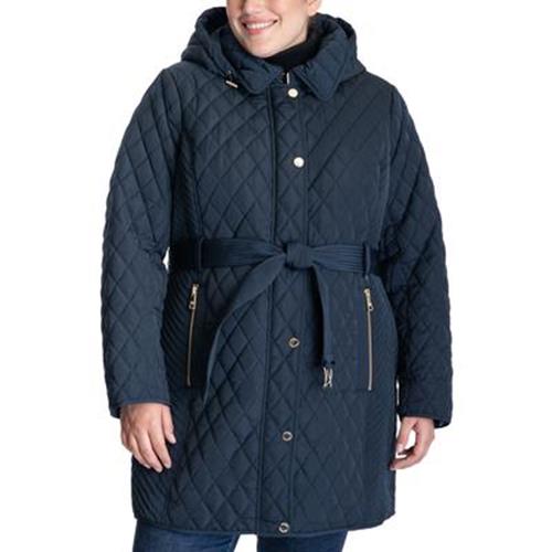 Michael Kors Women's Plus Size Hooded Belted Quilted Coat 2X Navy Blue