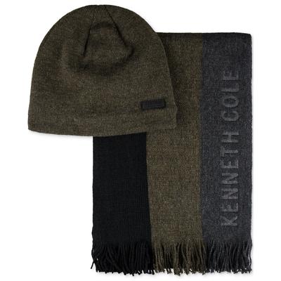 Kenneth Cole Olive Striped Scarf & Sherpa-Lined Beanie Set
