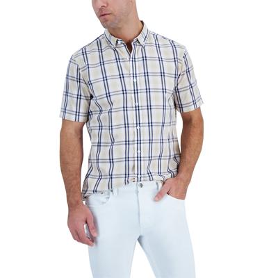 Club Room Men's Plaid Short Sleeve Shirt White Beige Plaid Large