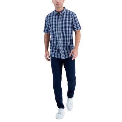 Club Room Men's Short Sleeve Plaid Button Down Shirt Navy Blue Large